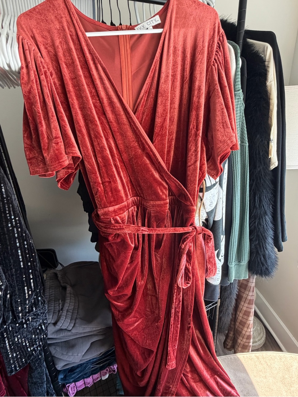 Ivy City Co Rust Red Velvet Wrap Midi Dress